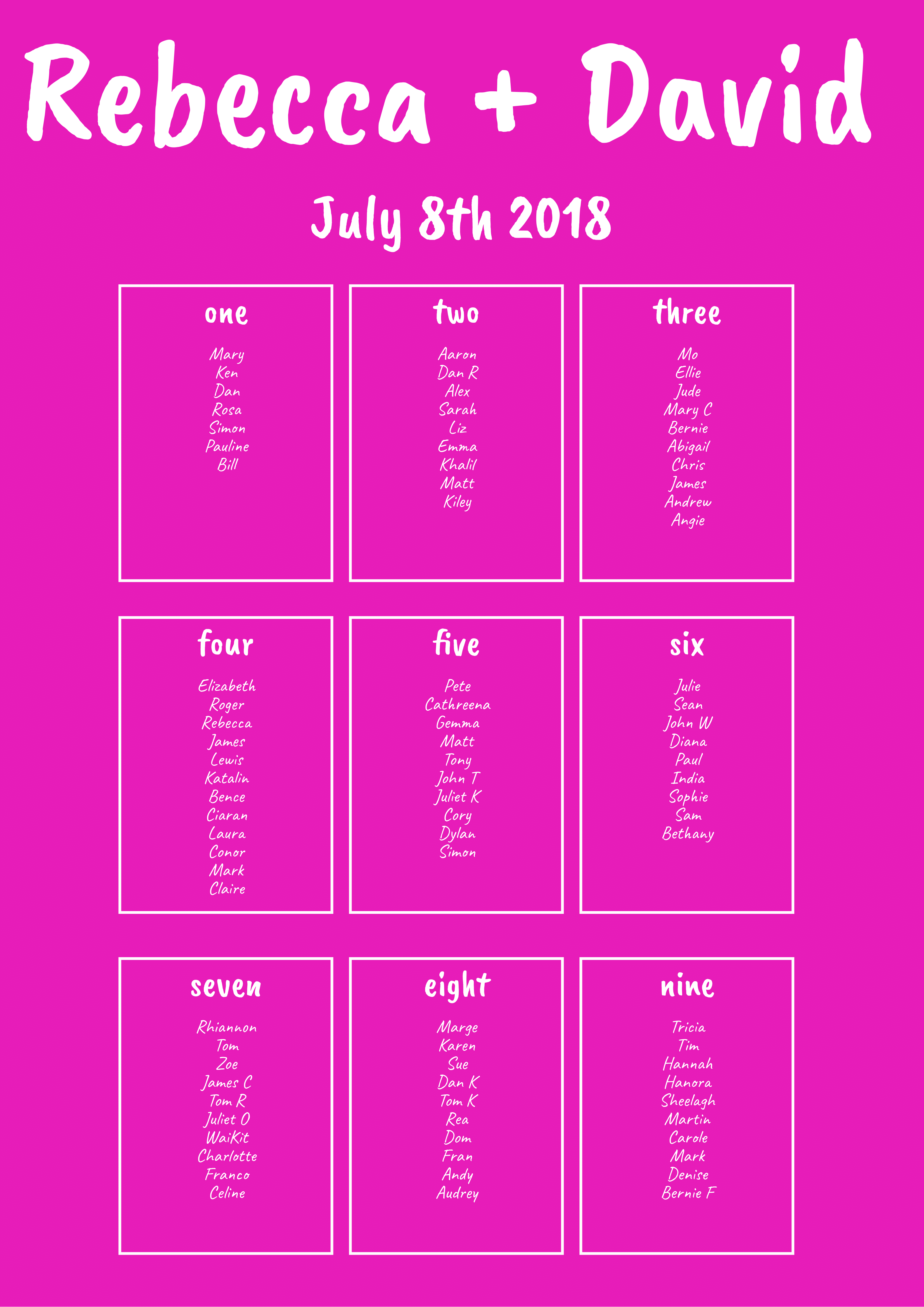 A2 table plan white and pink background